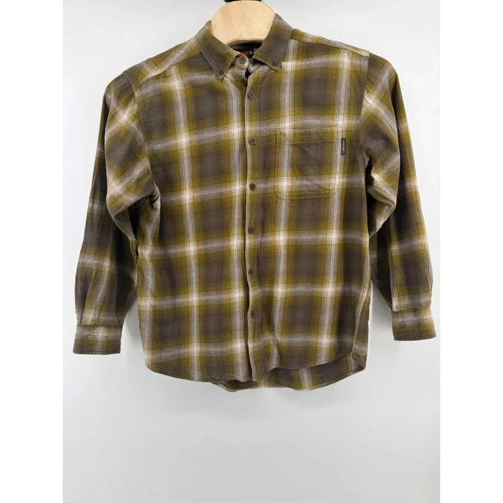 Wolverine Plaid Flannel Button Up‎ Men L 100% Cotton Olive Green Hiking Heavy